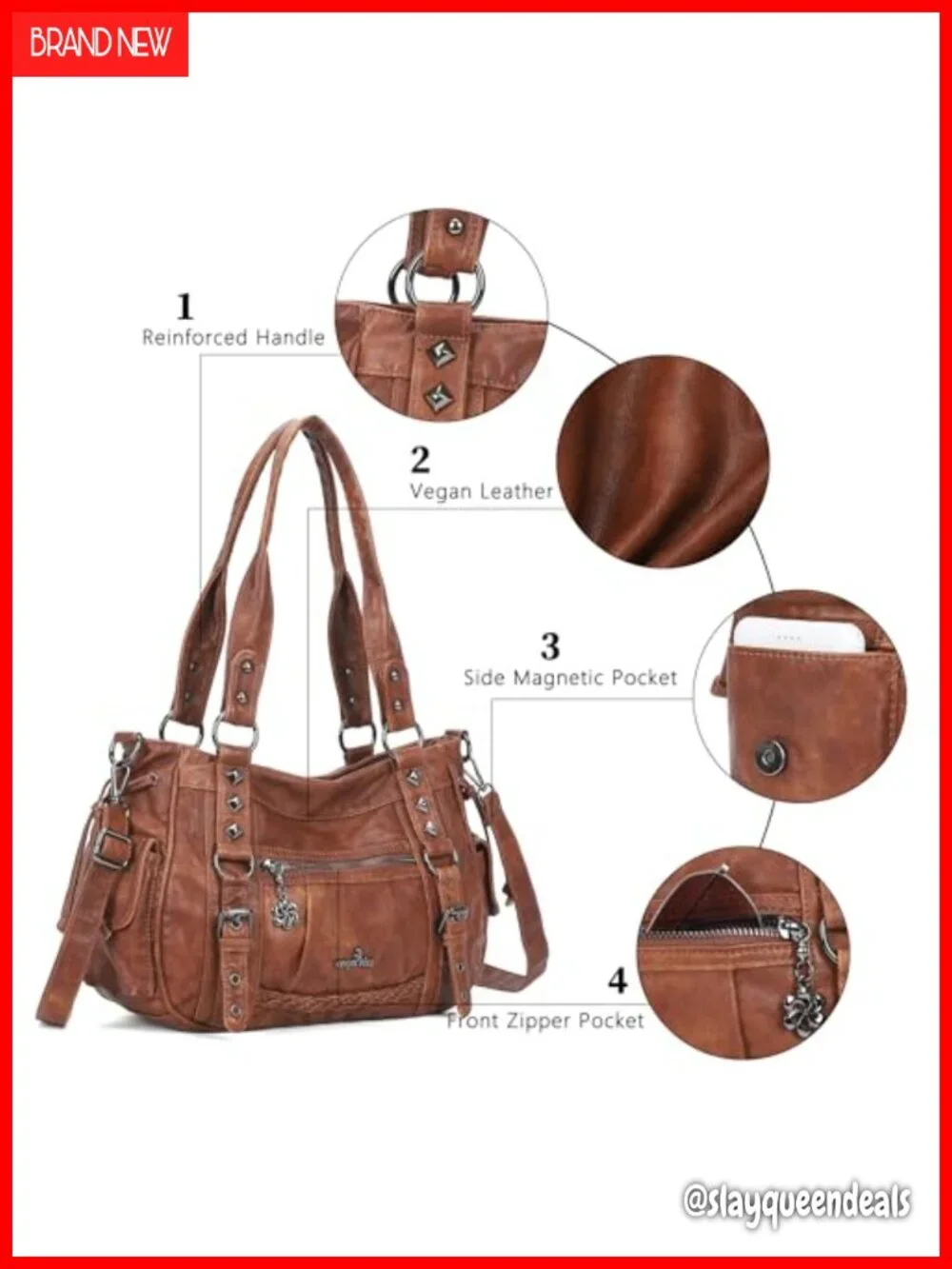 Vegan Leather Hobo Shoulder Bag Multi Pocket Tote with Adjustable Strap